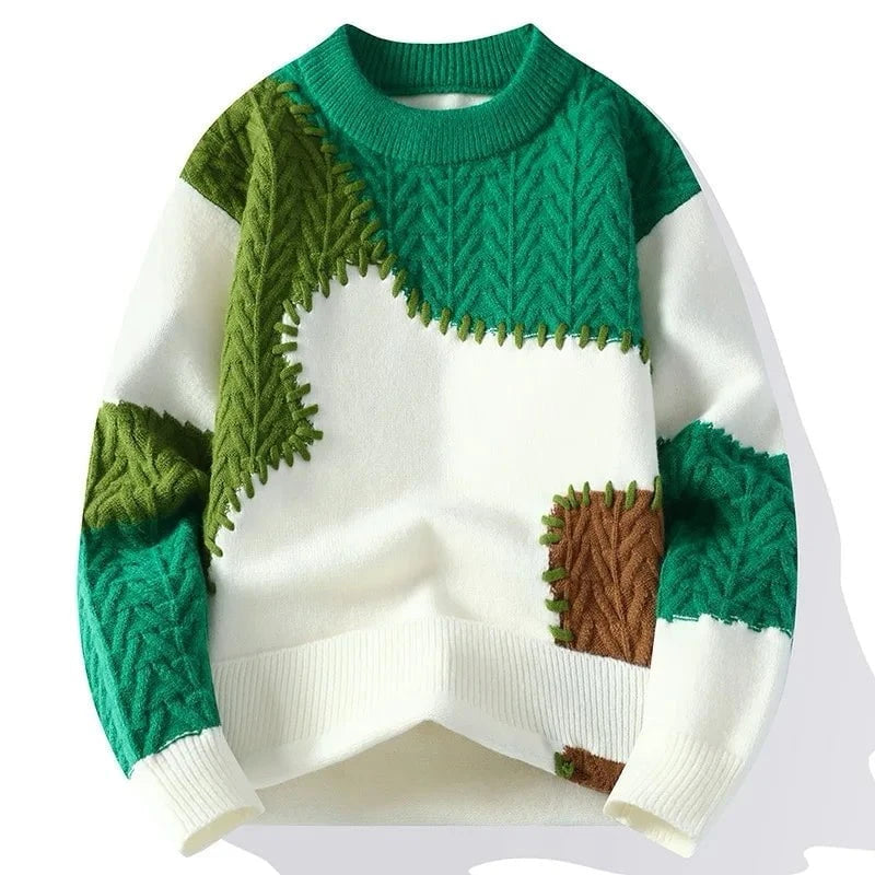 Lavinque Sweater Vert / S Pull Patchwork Coloré | Maille Texturée | Original et Confortable