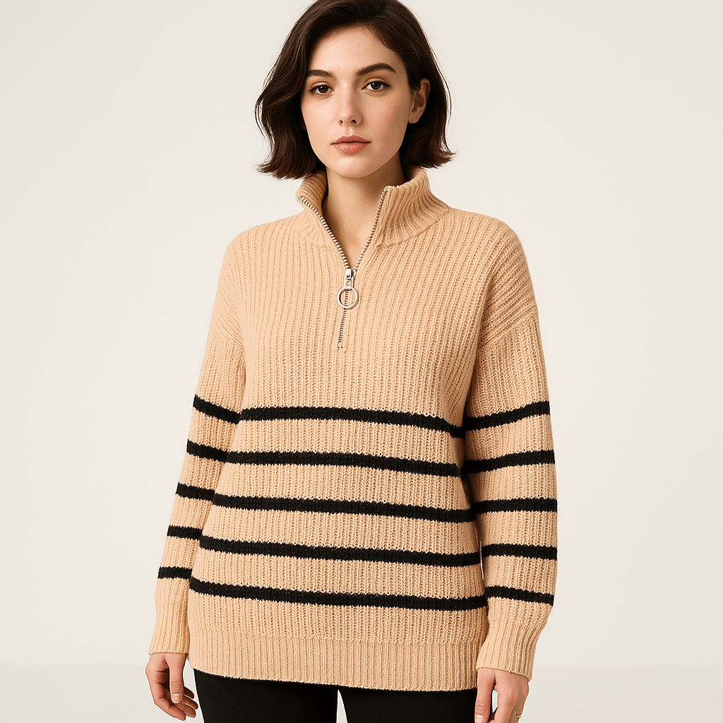 Lavinque sweaters Abricot / S Pull Rayé à Zip | Col Montant | Coupe Oversize et Confortable