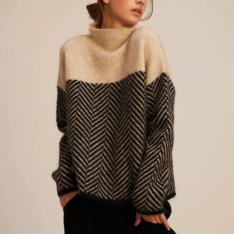 Lavinque Sweaters Beige / XS Pull Bicolore à Chevrons | Col Montant | Chaud et Graphique