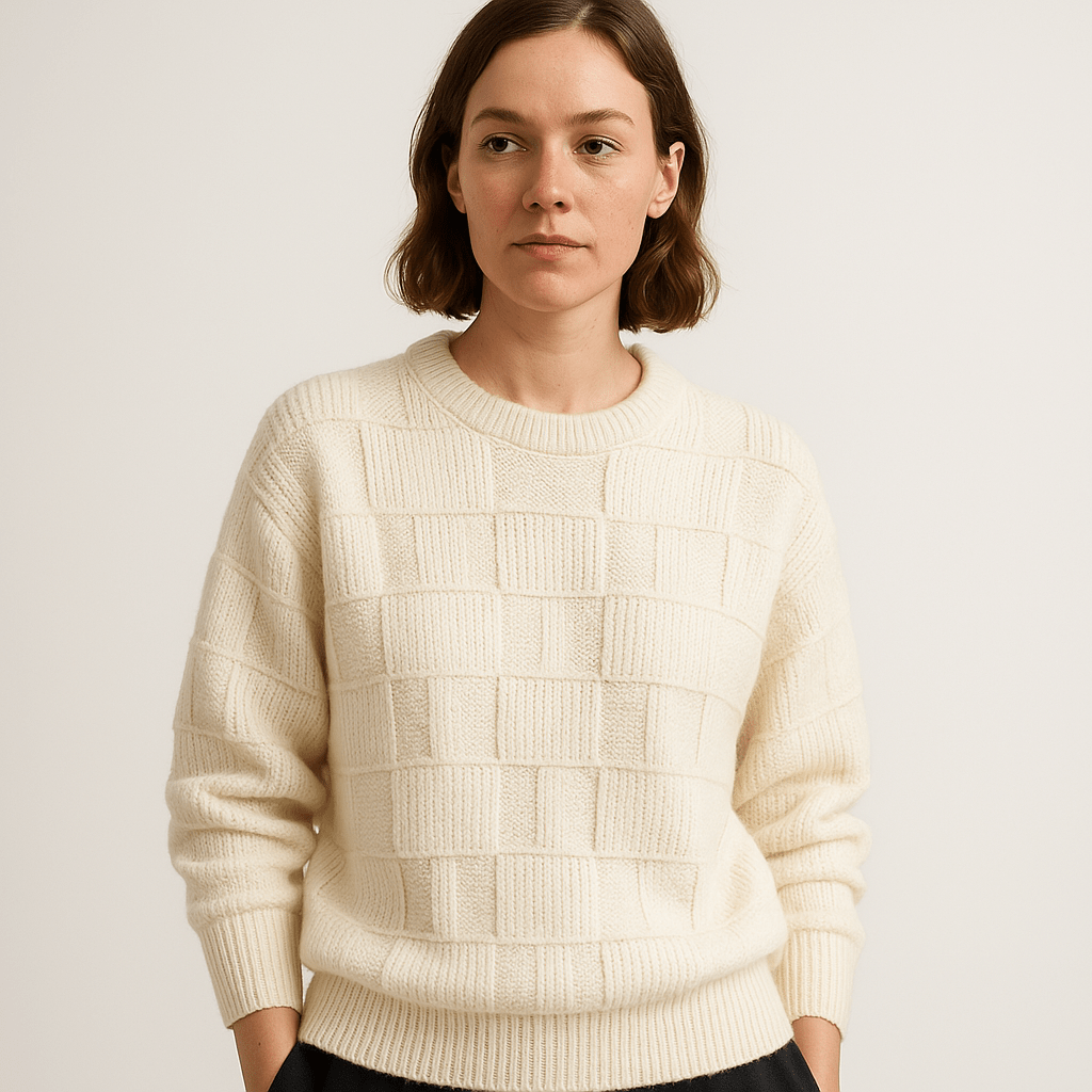 Lavinque Sweaters Blanc / S Pull Beige Motif Damier | Maille Texturée | Élégance Discrète