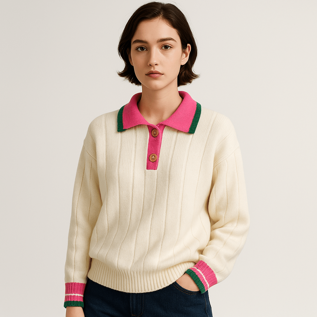 Lavinque Sweaters Blanc / XS Pull Col Contrasté | Maille Douce | Coupe Décontractée