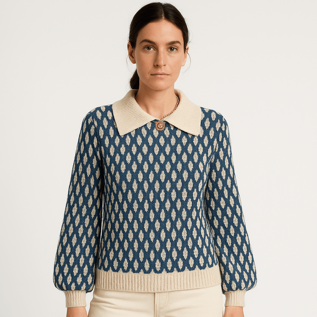Lavinque Sweaters Bleu / XS Pull Motif Rétro Bleu | Col Claudine | Style Vintage Féminin