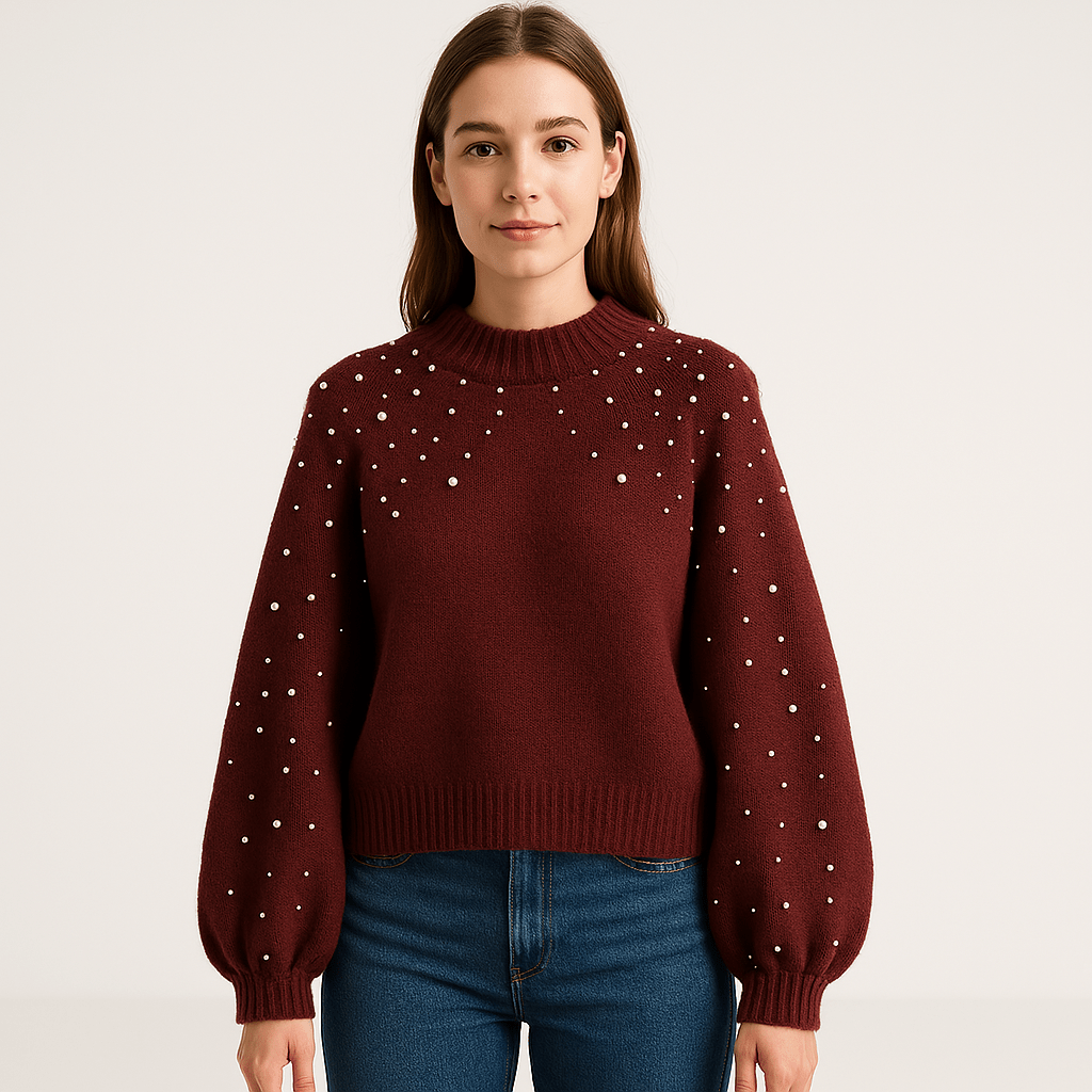 Lavinque Sweaters Bordeaux / XS Pull Hiver Perlé | Manches Bouffantes | Confort et Élégance