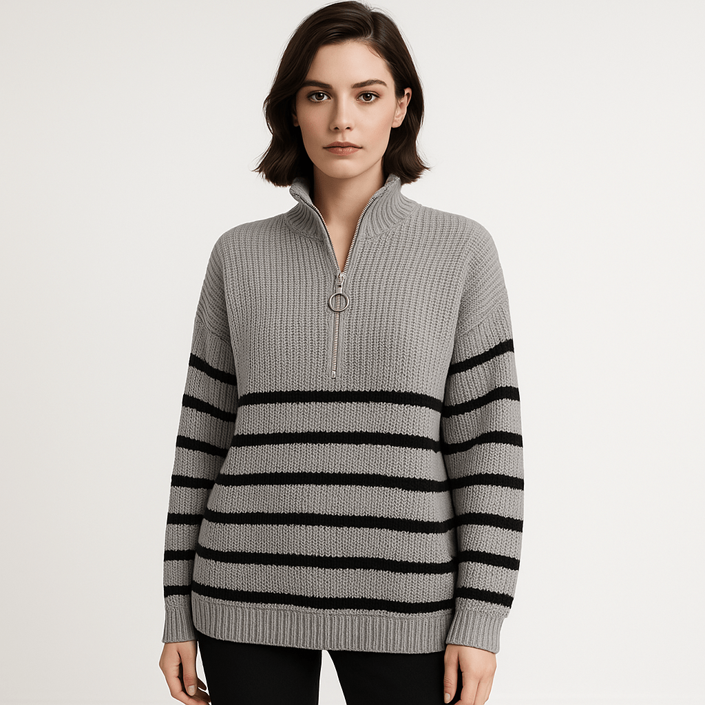Lavinque sweaters Gris / S Pull Rayé à Zip | Col Montant | Coupe Oversize et Confortable