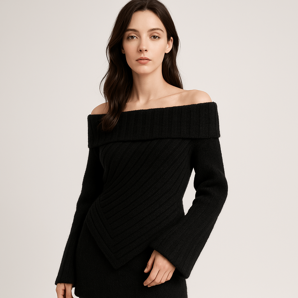 Lavinque Sweaters Gris / XS Pull Épaules Dénudées | Maille Côtelée | Élégance Moderne