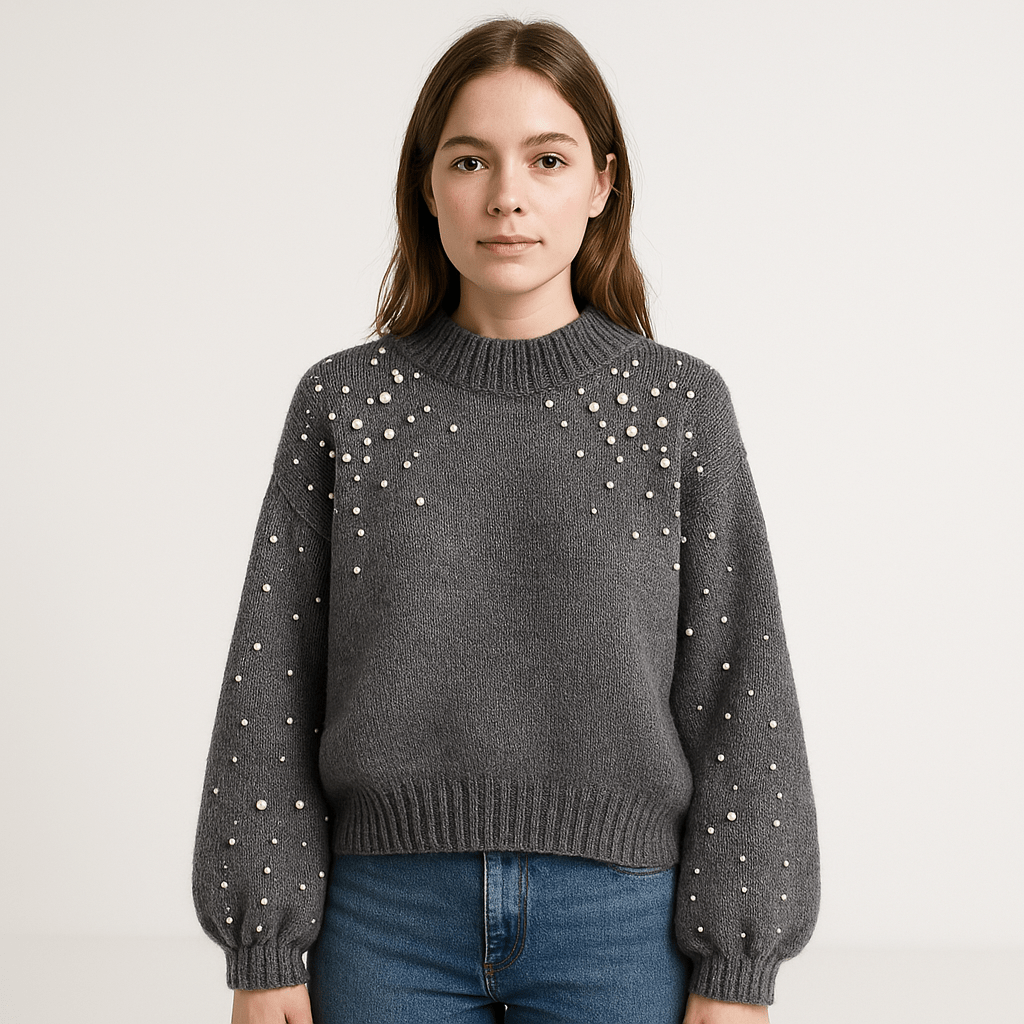 Lavinque Sweaters Gris / XS Pull Hiver Perlé | Manches Bouffantes | Confort et Élégance