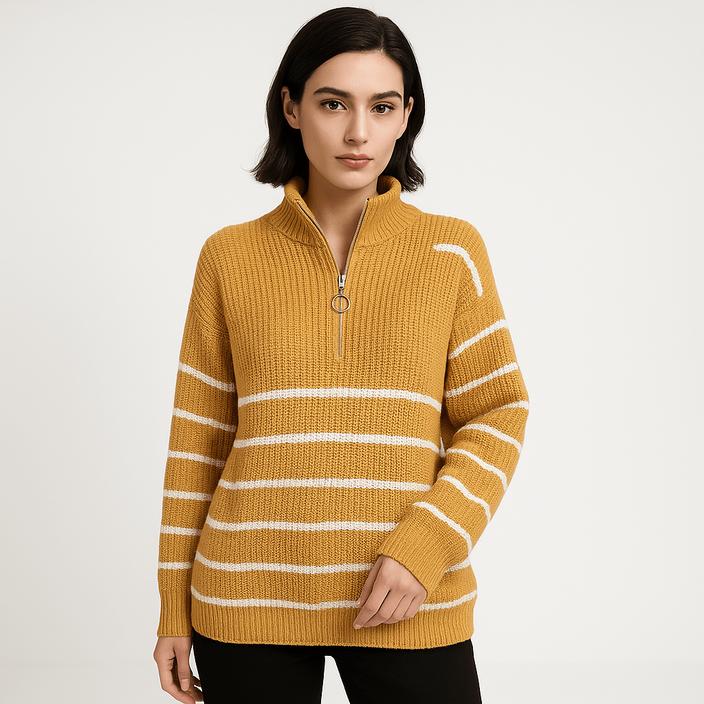 Lavinque sweaters Jaune / S Pull Rayé à Zip | Col Montant | Coupe Oversize et Confortable