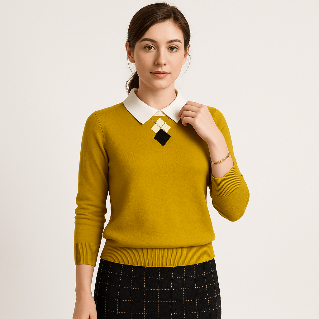 Lavinque Sweaters Jaune / XS Pull à Col Chemise | Motif Losange | Élégance Décontractée