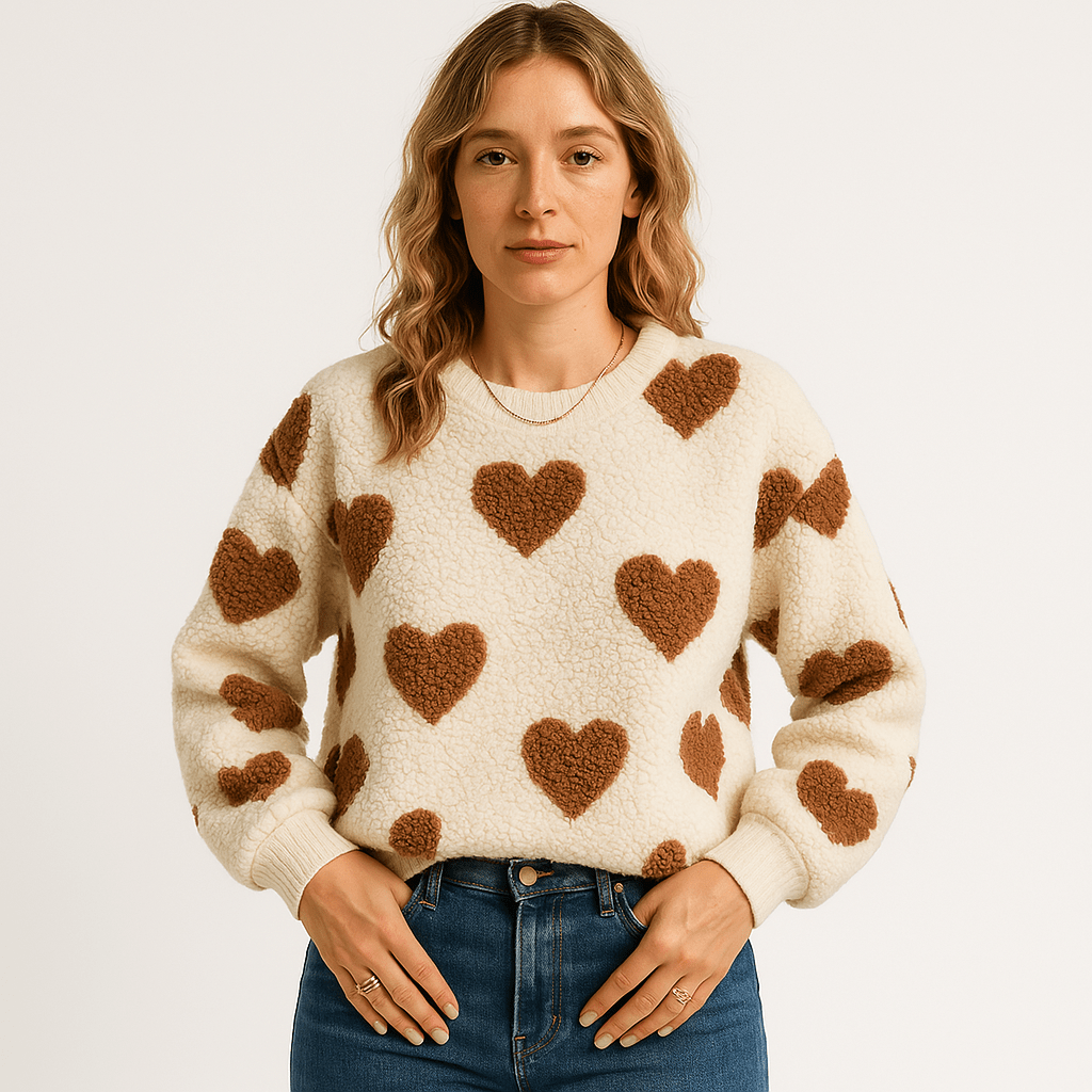 Lavinque Sweaters Marron / S Pull Crème à Cœurs Rouges | Maille Douce | Touche Romantique