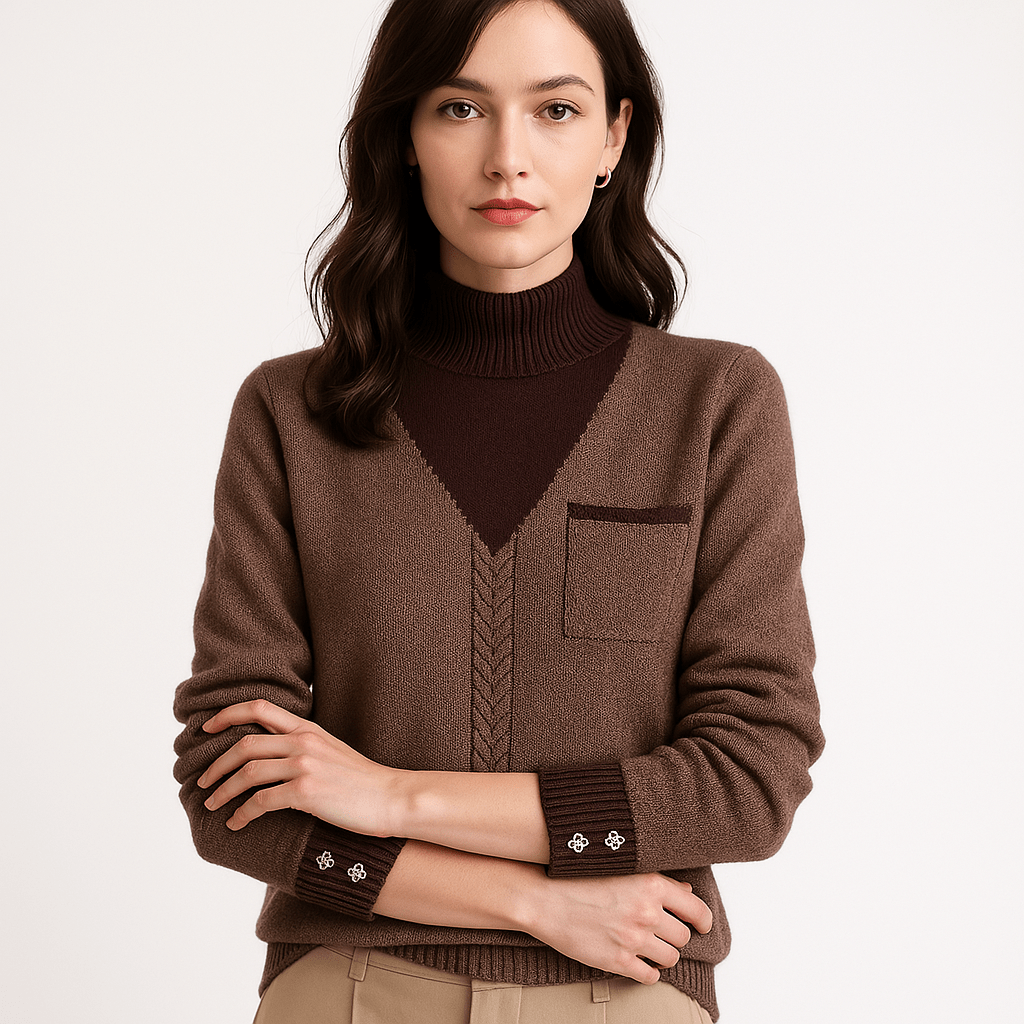 Lavinque Sweaters Marron / XS Pull Élégant Femme | Col Montant Contrasté | Détails Brodés Marron