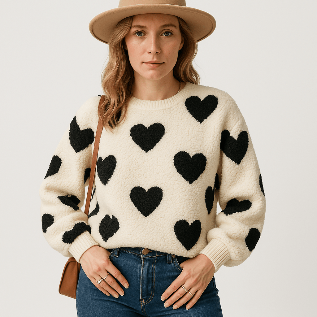 Lavinque Sweaters Noir / S Pull Crème à Cœurs Rouges | Maille Douce | Touche Romantique