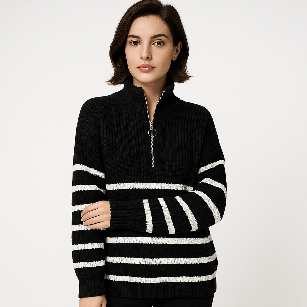 Lavinque sweaters Noir / S Pull Rayé à Zip | Col Montant | Coupe Oversize et Confortable