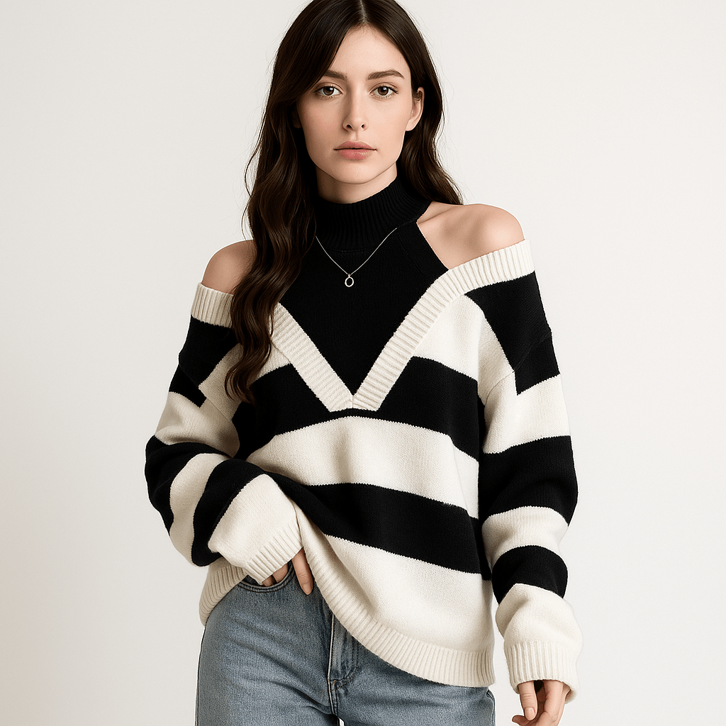 Lavinque Sweaters Noir / S Pull Rayé Épaules Dénudées | Bimatière Contrasté | Oversize et Tendance