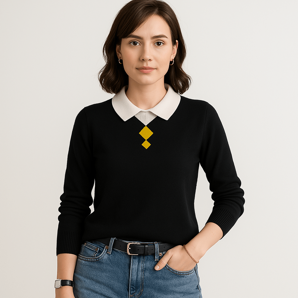 Lavinque Sweaters Noir / XS Pull à Col Chemise | Motif Losange | Élégance Décontractée