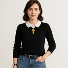 Lavinque Sweaters Noir / XS Pull à Col Chemise | Motif Losange | Élégance Décontractée