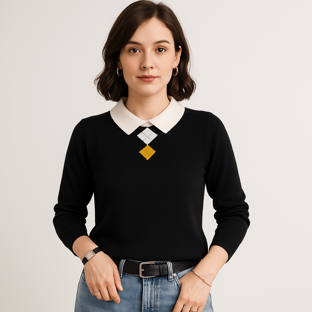 Lavinque Sweaters Pull à Col Chemise | Motif Losange | Élégance Décontractée