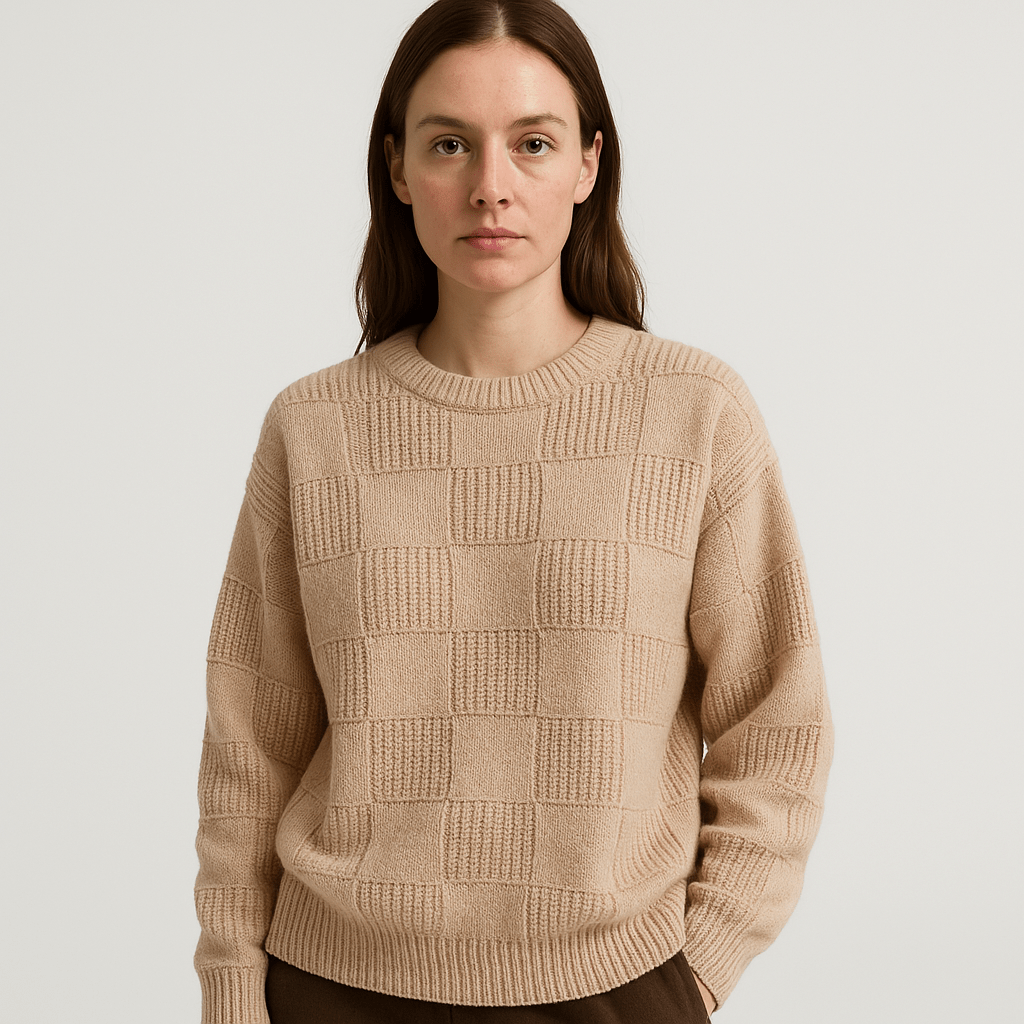 Lavinque Sweaters Pull Beige Motif Damier | Maille Texturée | Élégance Discrète