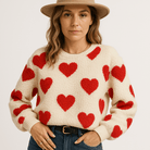 Lavinque Sweaters Pull Crème à Cœurs Rouges | Maille Douce | Touche Romantique