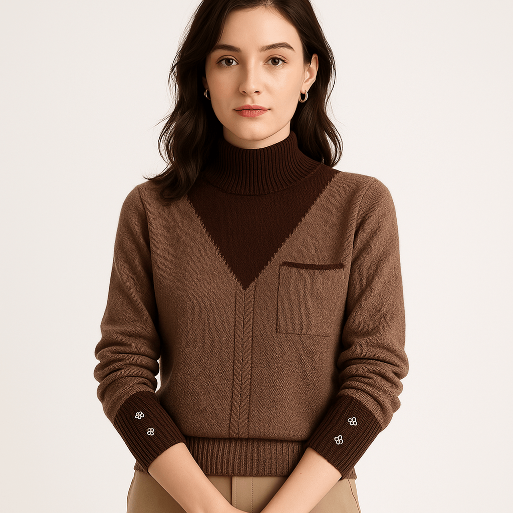 Lavinque Sweaters Pull Élégant Femme | Col Montant Contrasté | Détails Brodés Marron