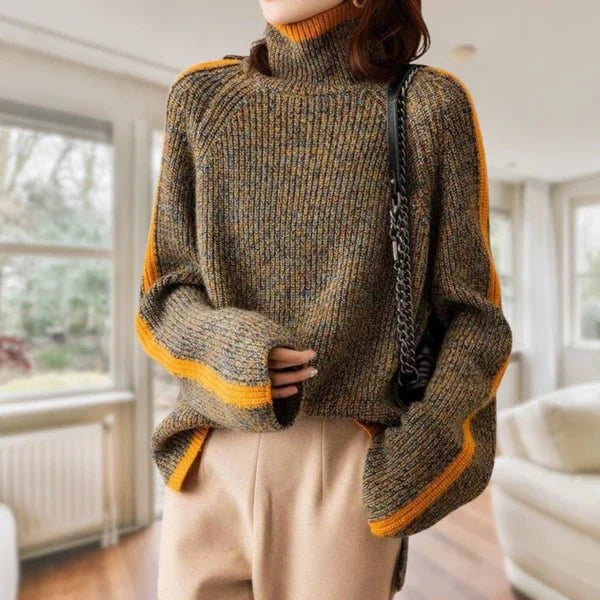 Lavinque Sweaters Pull en Maille Contrastée | Kaki & Moutarde | Original et Douillet