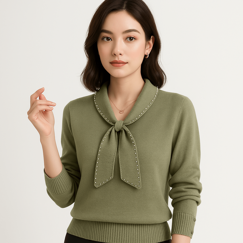 Lavinque Sweaters Pull Lavallière Perlé | Vert Clair Élégant | Chic & Confort au Quotidien