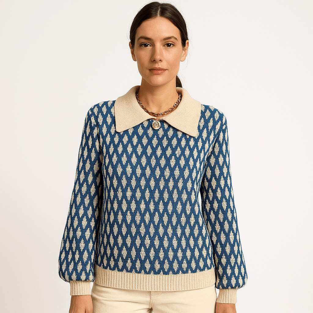 Lavinque Sweaters Pull Motif Rétro Bleu | Col Claudine | Style Vintage Féminin