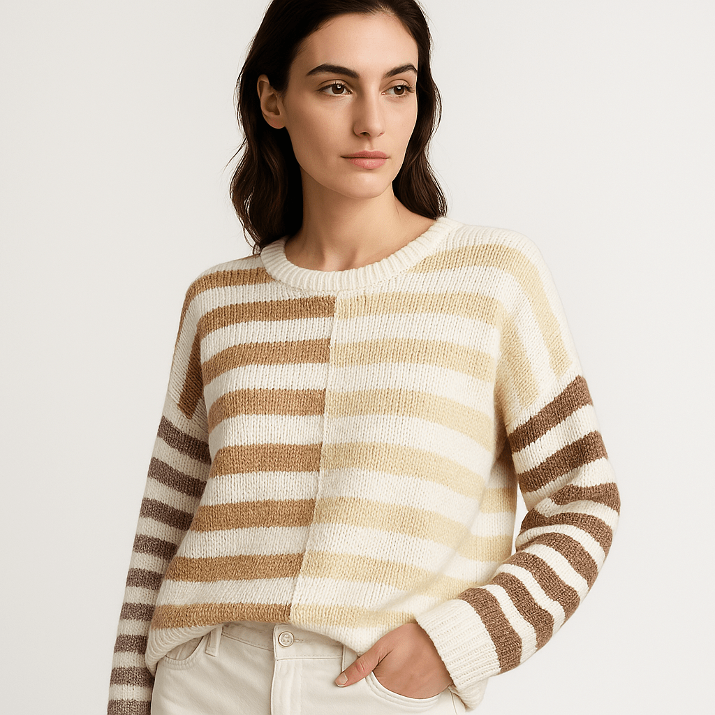 Lavinque Sweaters Pull Rayé Asymétrique | Blanc et Tons Naturels | Douillet & Moderne