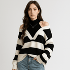 Lavinque Sweaters Pull Rayé Épaules Dénudées | Bimatière Contrasté | Oversize et Tendance