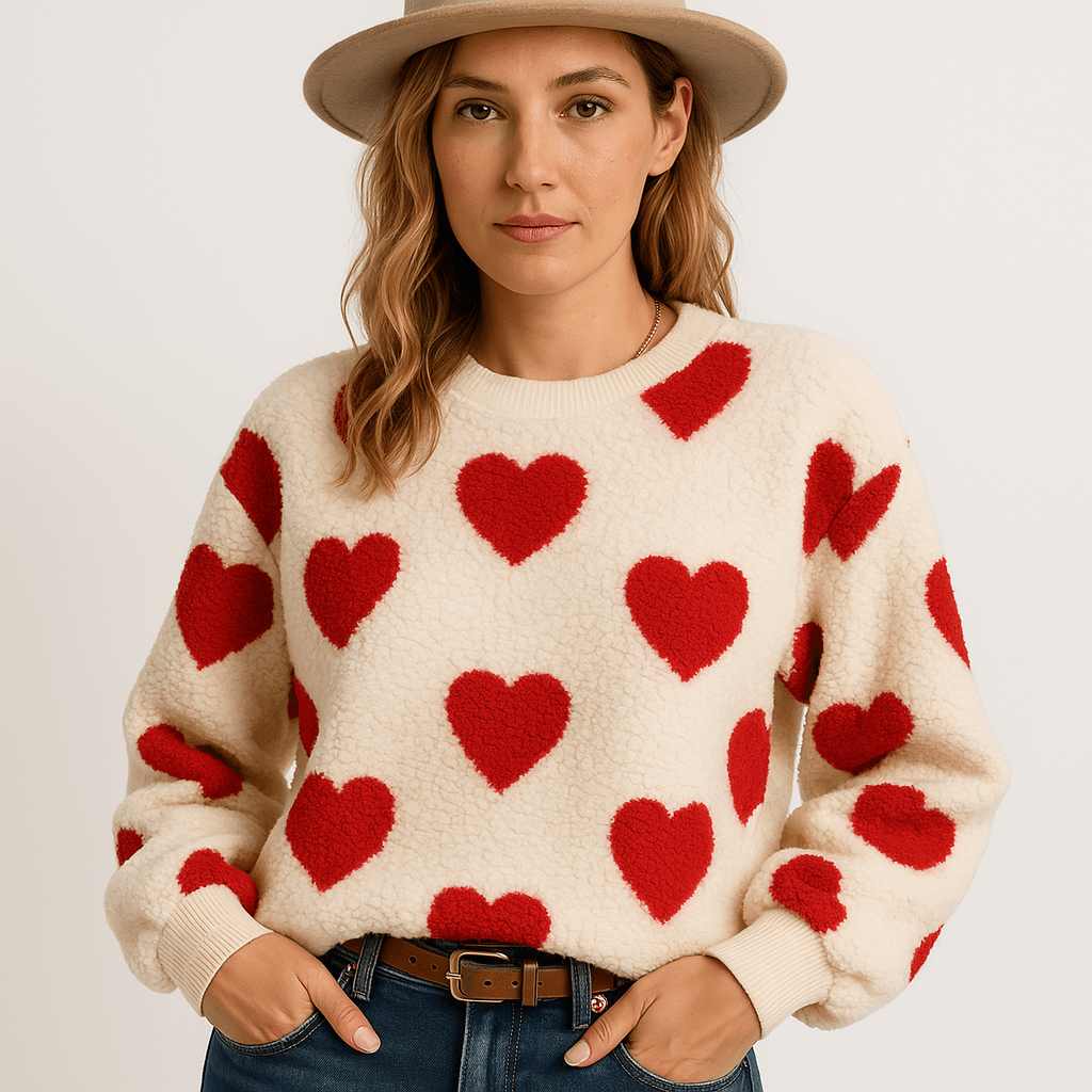Lavinque Sweaters Rouge / S Pull Crème à Cœurs Rouges | Maille Douce | Touche Romantique