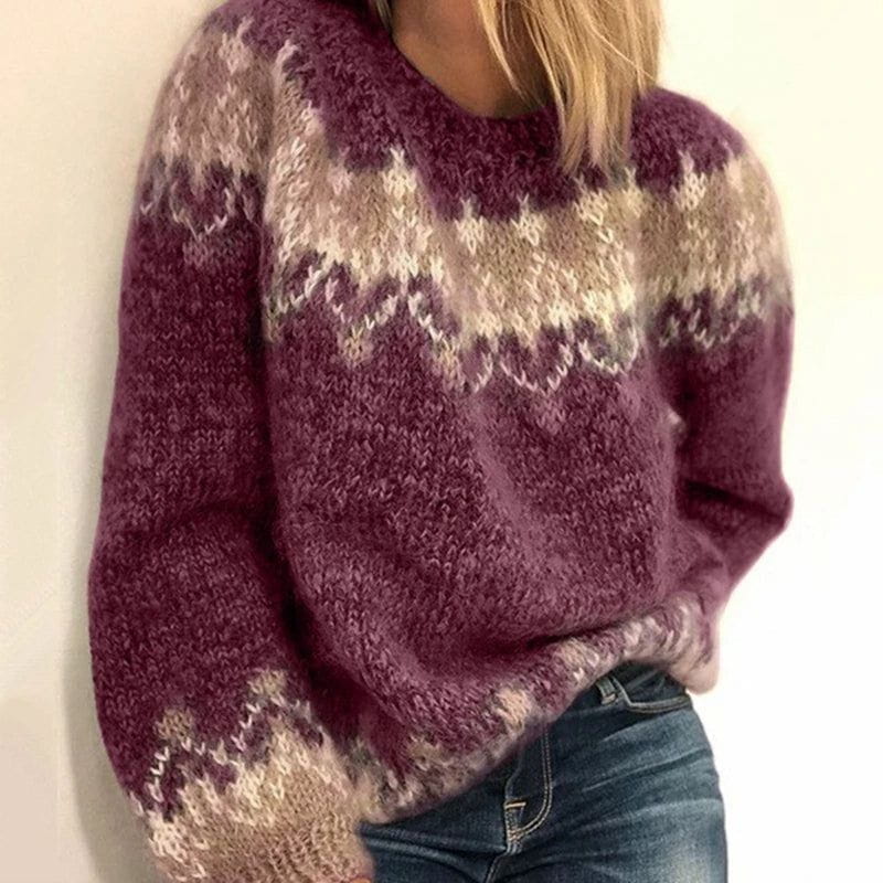 Lavinque Sweaters Rouge / S Pull Hiver Douillet | Motif Nordique | Gris Dégradé et Beige