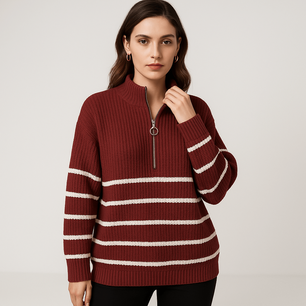Lavinque sweaters Rouge / S Pull Rayé à Zip | Col Montant | Coupe Oversize et Confortable