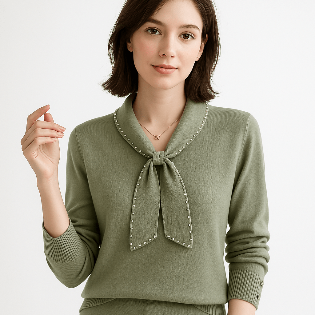Lavinque Sweaters Vert clair / XS Pull Lavallière Perlé | Vert Clair Élégant | Chic & Confort au Quotidien