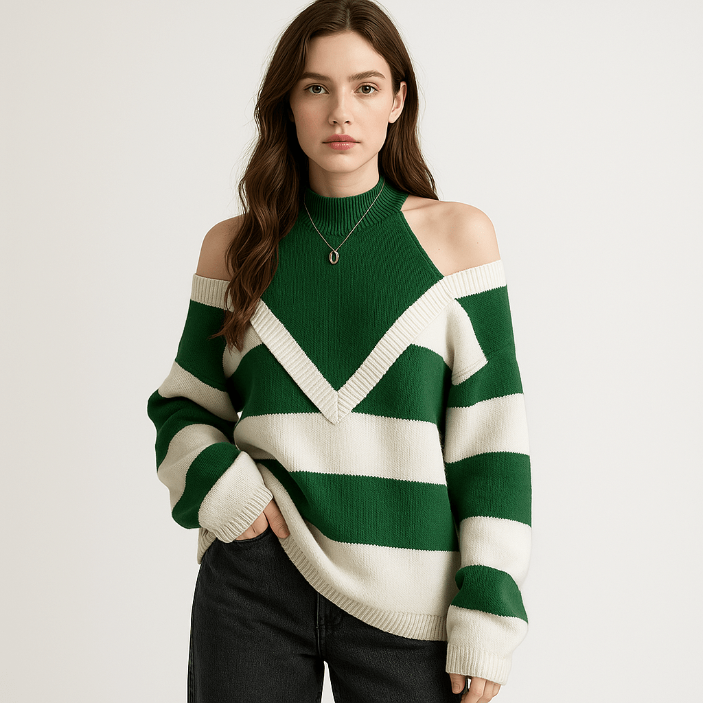 Lavinque Sweaters Vert / S Pull Rayé Épaules Dénudées | Bimatière Contrasté | Oversize et Tendance