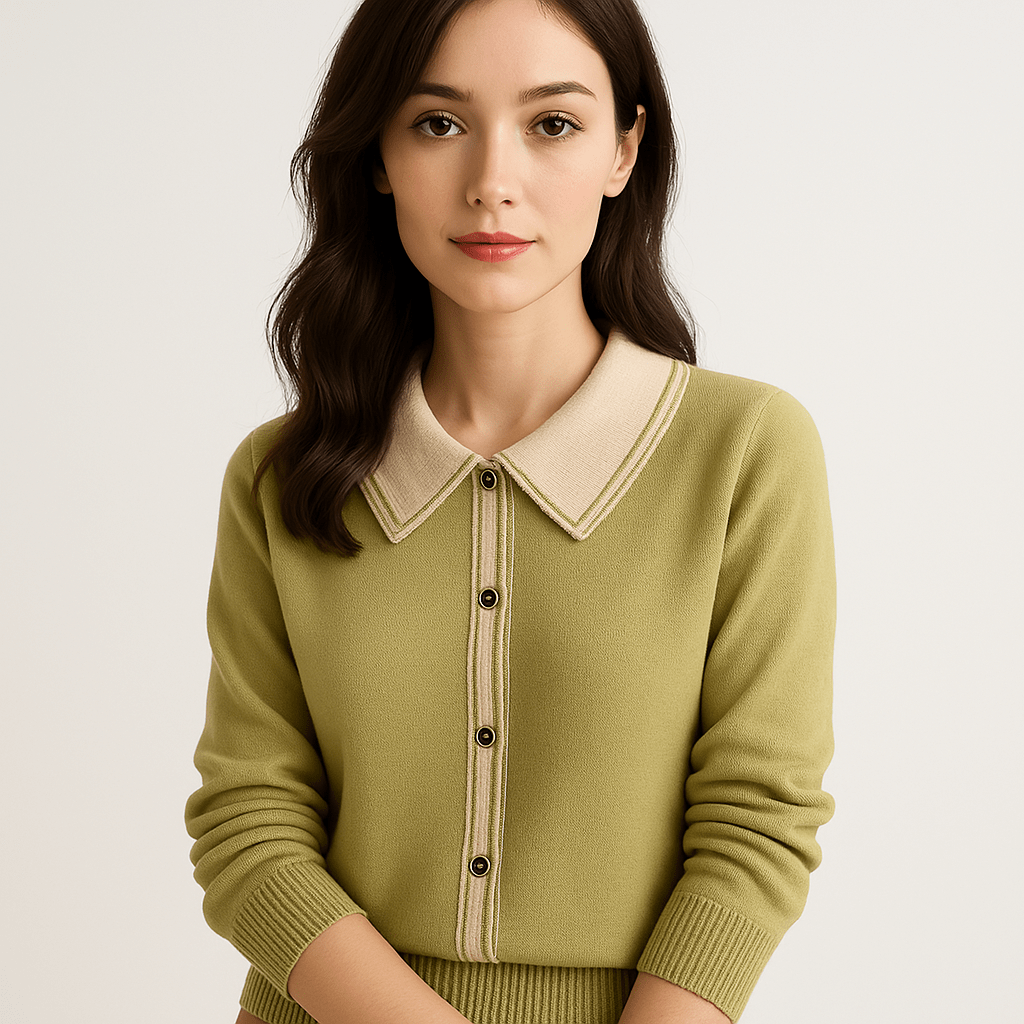 Lavinque Sweaters Vert / XS Pull Col Contrasté | Classique Chic | Confort et Élégance Quotidienne