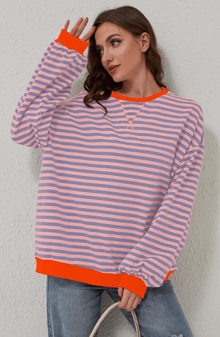 Lavinque Sweatshirts Bleu & Rose / S Sweat Oversize Rayé | Bleu et Blanc | Style Marin Décontracté
