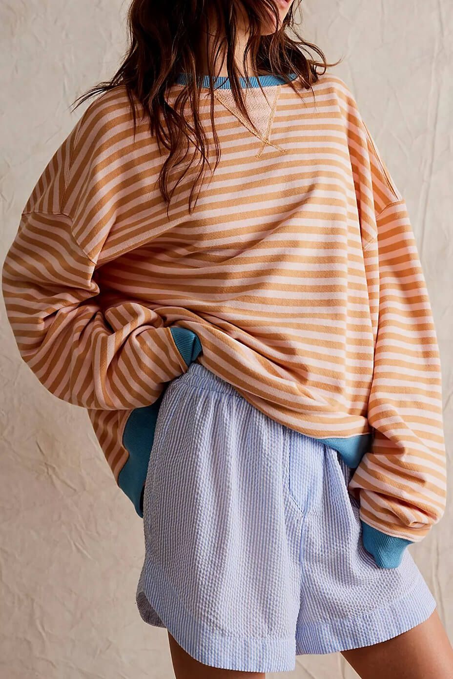 Lavinque Sweatshirts Orange & Bleu / S Sweat Oversize Rayé | Bleu et Blanc | Style Marin Décontracté