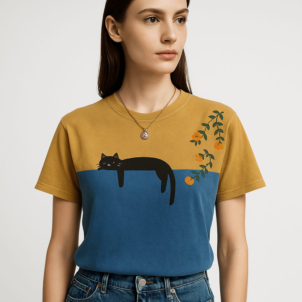 Lavinque T-shirt Bleu / S T-shirt Bicolore | Illustration Chat & Oranges | 100% Coton