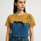 Lavinque T-shirt Bleu / S T-shirt Bicolore | Illustration Chat & Oranges | 100% Coton