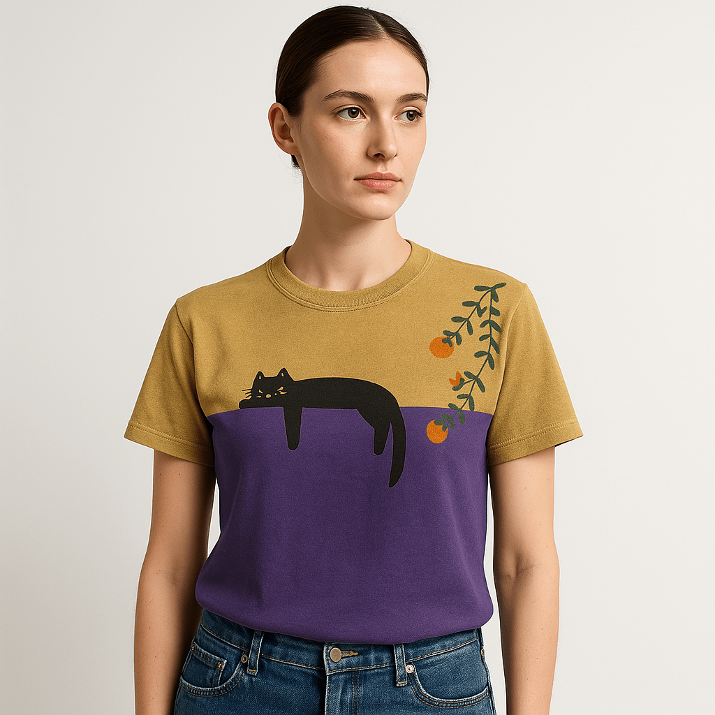 Lavinque T-shirt Pourpre / S T-shirt Bicolore | Illustration Chat & Oranges | 100% Coton