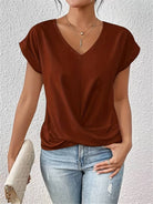 Lavinque T-shirt Rouge brique / M Blouse Drapée à Col V | Élégance & Confort | Idéale pour le Quotidien