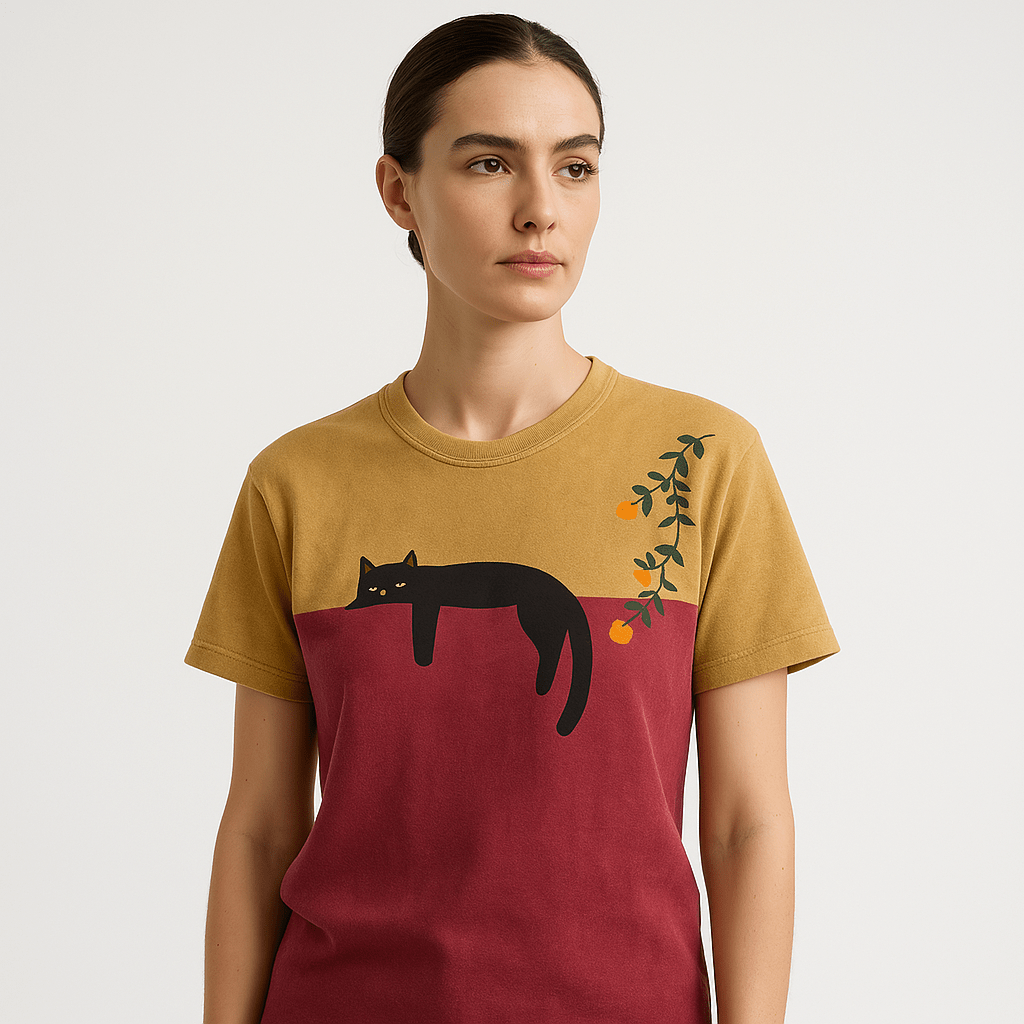 Lavinque T-shirt Rouge / S T-shirt Bicolore | Illustration Chat & Oranges | 100% Coton