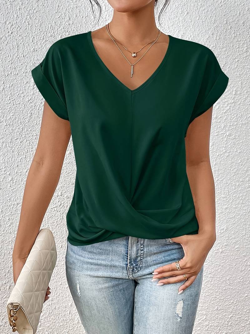 Lavinque T-shirt Vert / M Blouse Drapée à Col V | Élégance & Confort | Idéale pour le Quotidien
