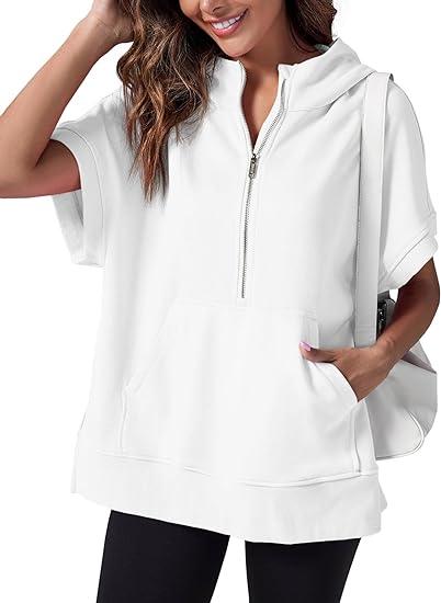 Lavinque Tops Blanc / S Sweat à Capuche Zippé | Confort & Décontracté | Manches Courtes
