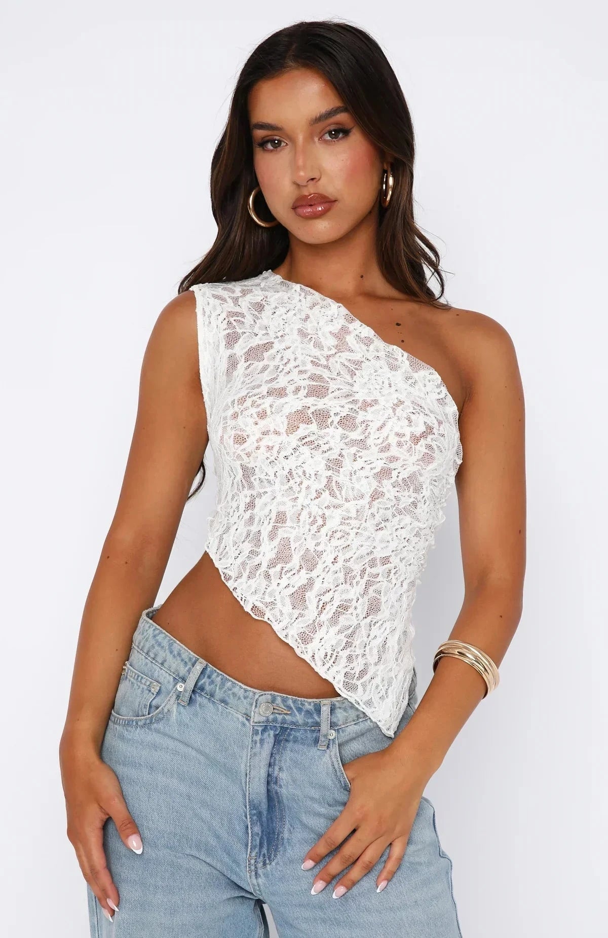 Lavinque Tops Blanc / S Top Asymétrique Dentelle Jaune | Une Épaule | Chic & Estival