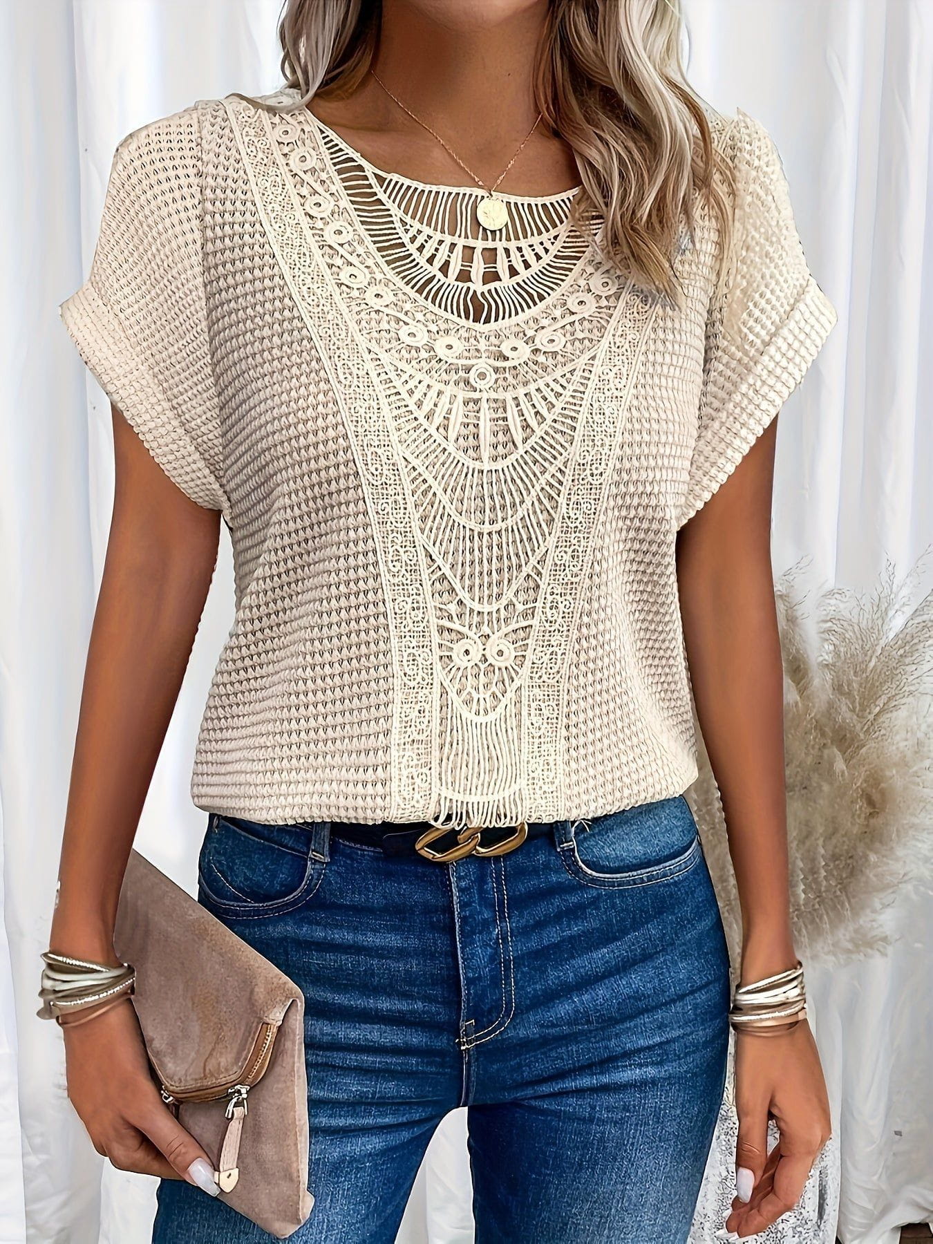 Lavinque Tops Blanc / S Top en Tricot | Dentelle Délicate | Élégance Bohème