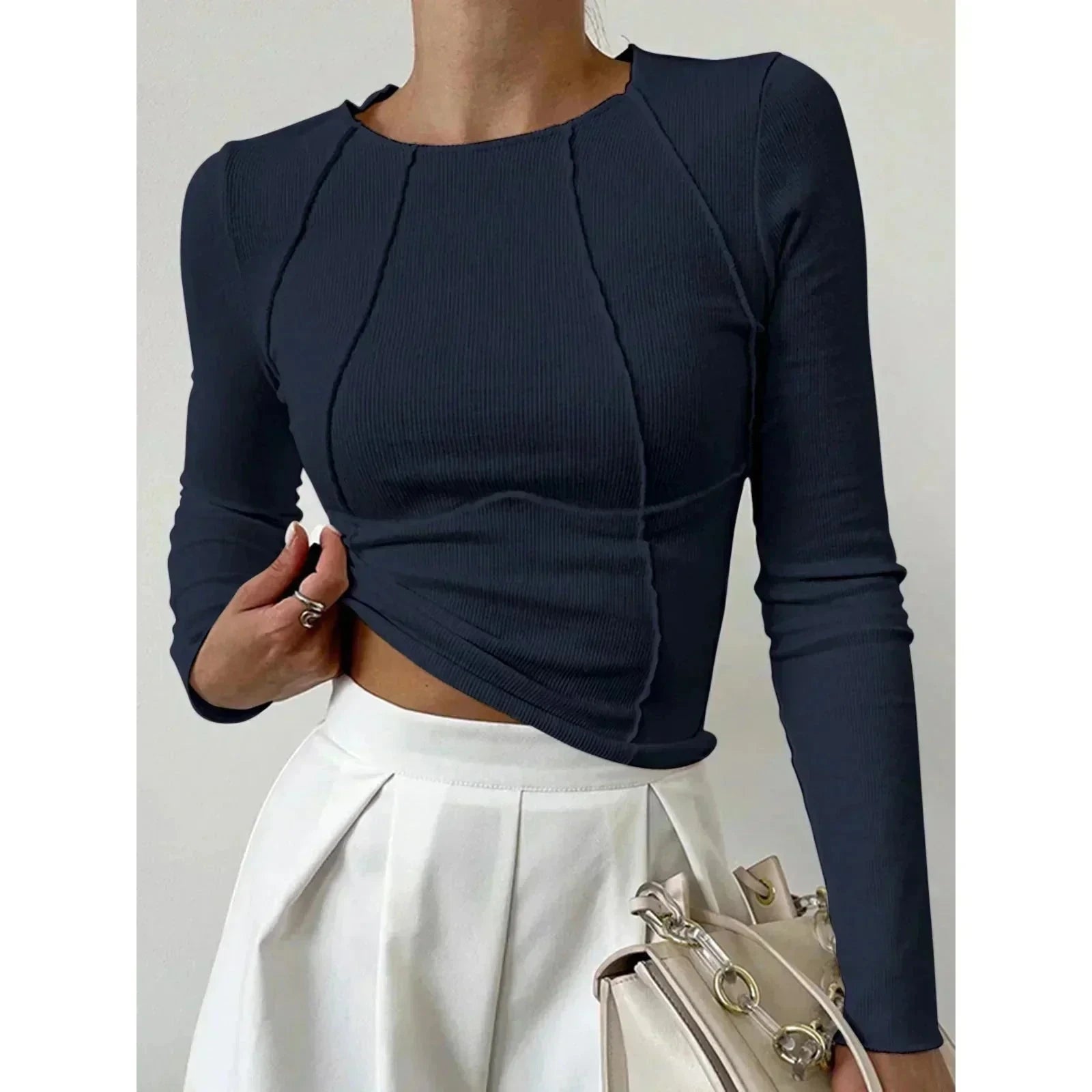 Lavinque Tops Bleu marine / XS Top Blanc Structuré | Manches Longues | Minimalisme Élégant
