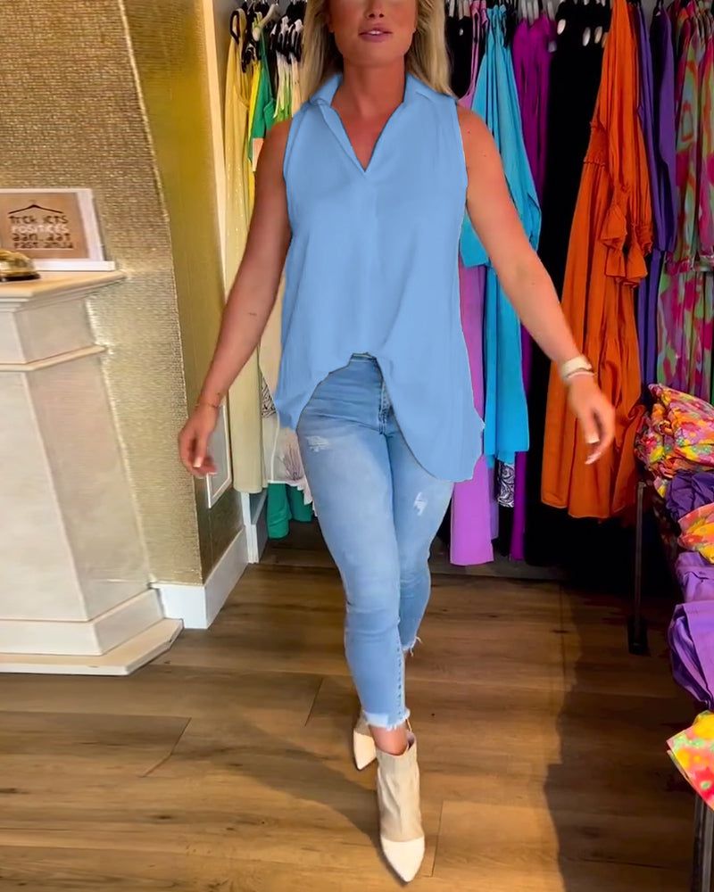 Lavinque Tops Bleu / XS Top Sans Manches Femme | Fluide & Chic | Col Chemise