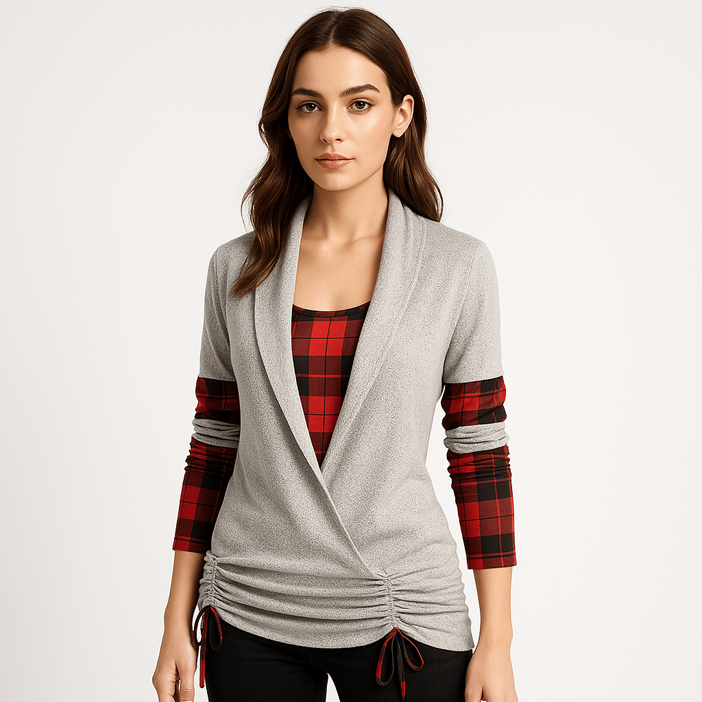 Lavinque Tops Gris clair / XS Haut Portefeuille à Carreaux | Style Décontracté | Détail Lacé