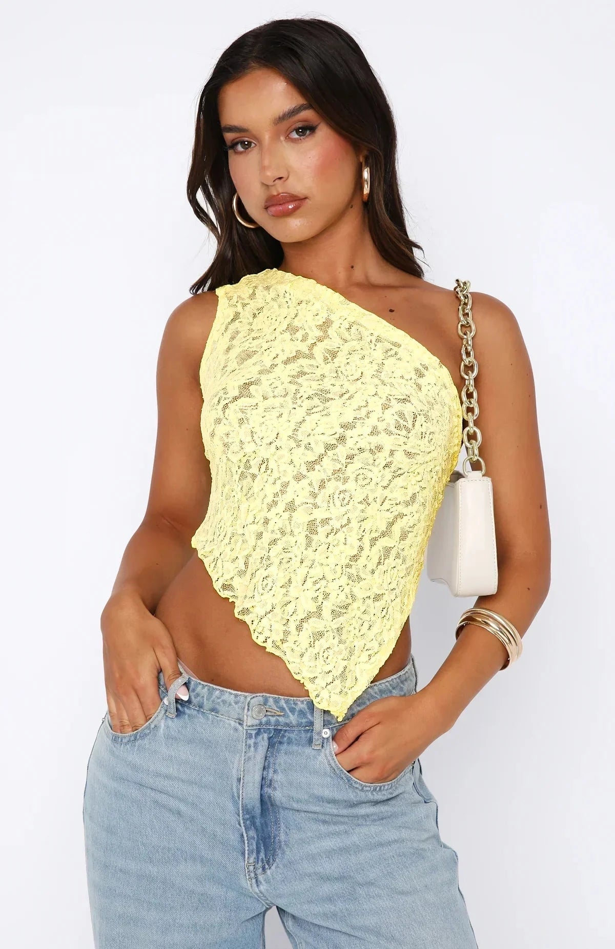 Lavinque Tops Jaune / S Top Asymétrique Dentelle Jaune | Une Épaule | Chic & Estival