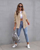 Lavinque Tops Kaki / S Surchemise Oversize en Velours | Confort | Tendance et Décontractée